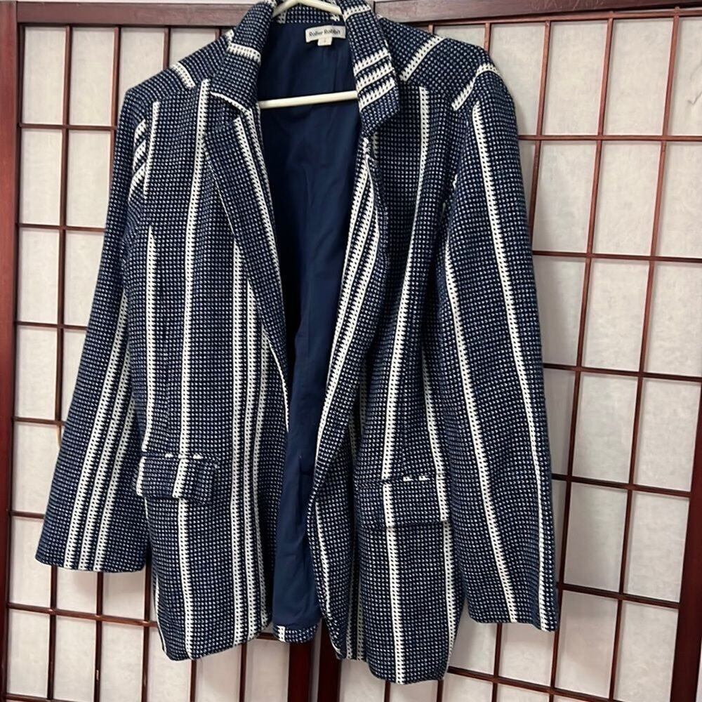 ROLLER RABBIT NAVY BLUE BASKET STRIPED JACQUARD WOVEN BLAZER JACKET SIZE S